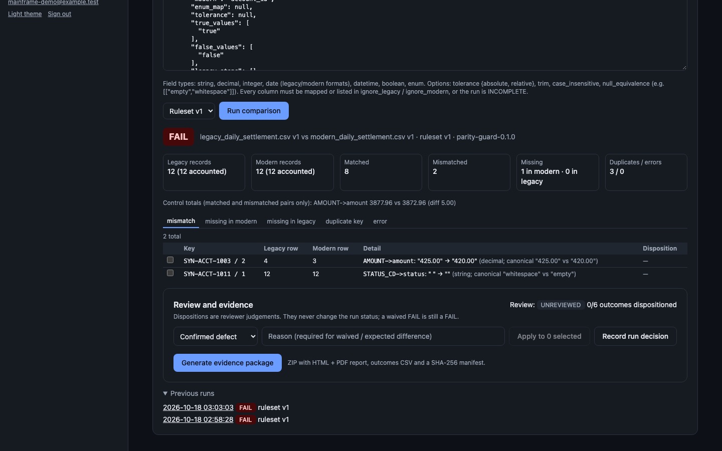 Tyche Legacy Bridge AI parity run listing every difference between legacy and modern outputs