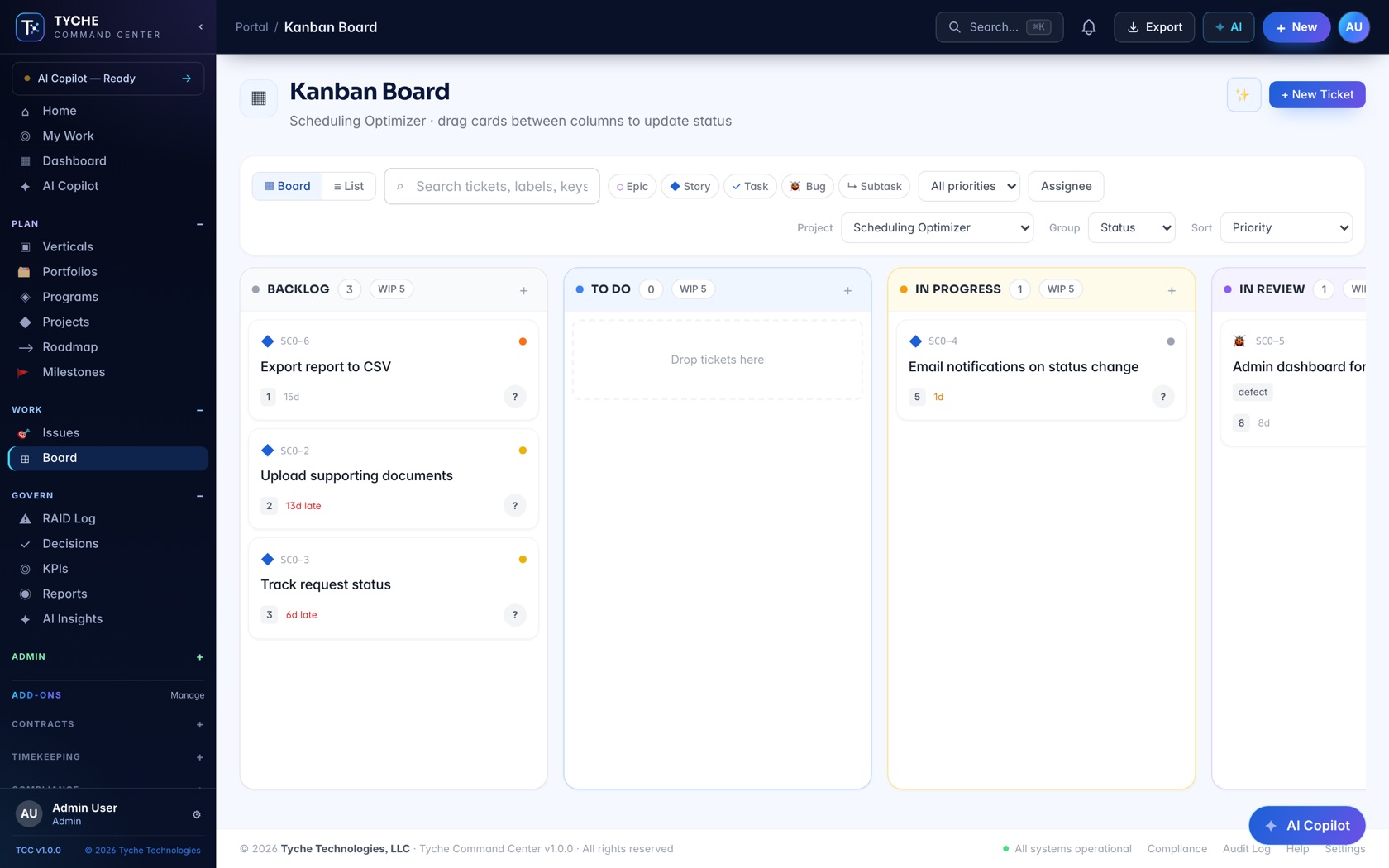 Agile boards with WIP limits, Jira-style issue keys and drag-and-drop status updates.