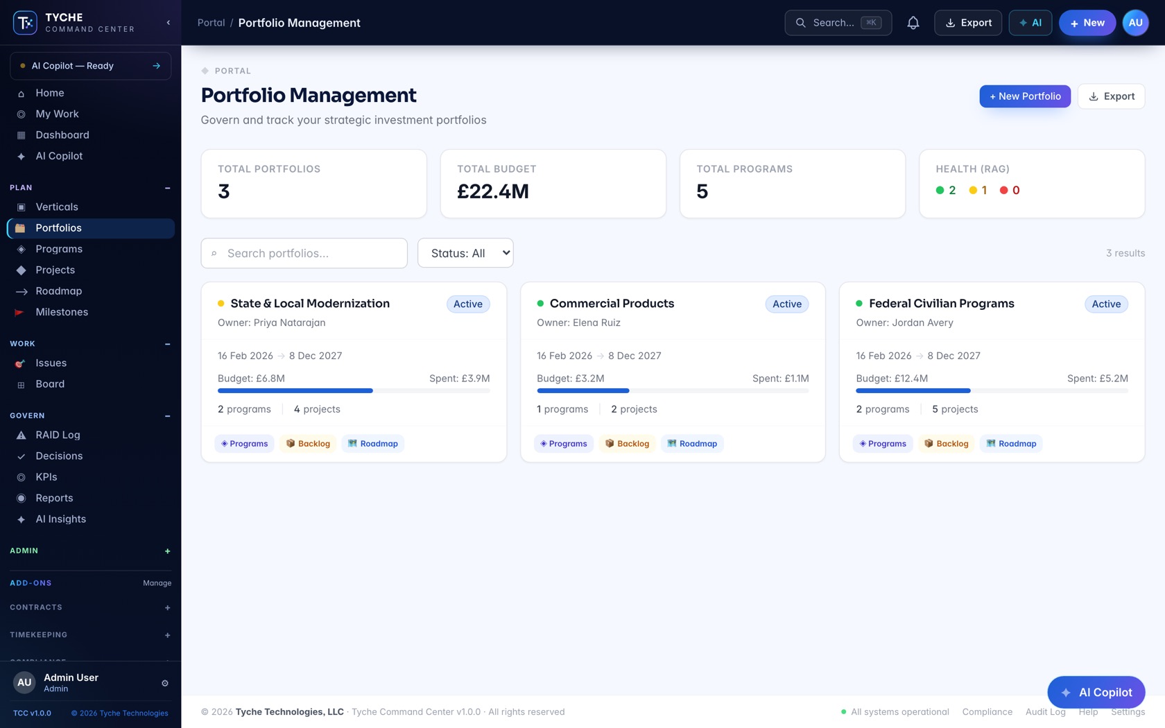 Portfolios with budgets, spend and RAG health across every program and project.